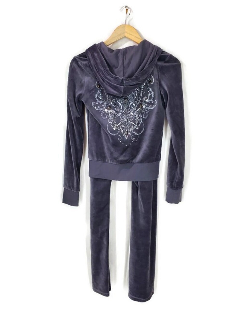 Express Y2K Velour Jogger Set Bling EUC Low Rise Flare Charcoal Gray XS Britney